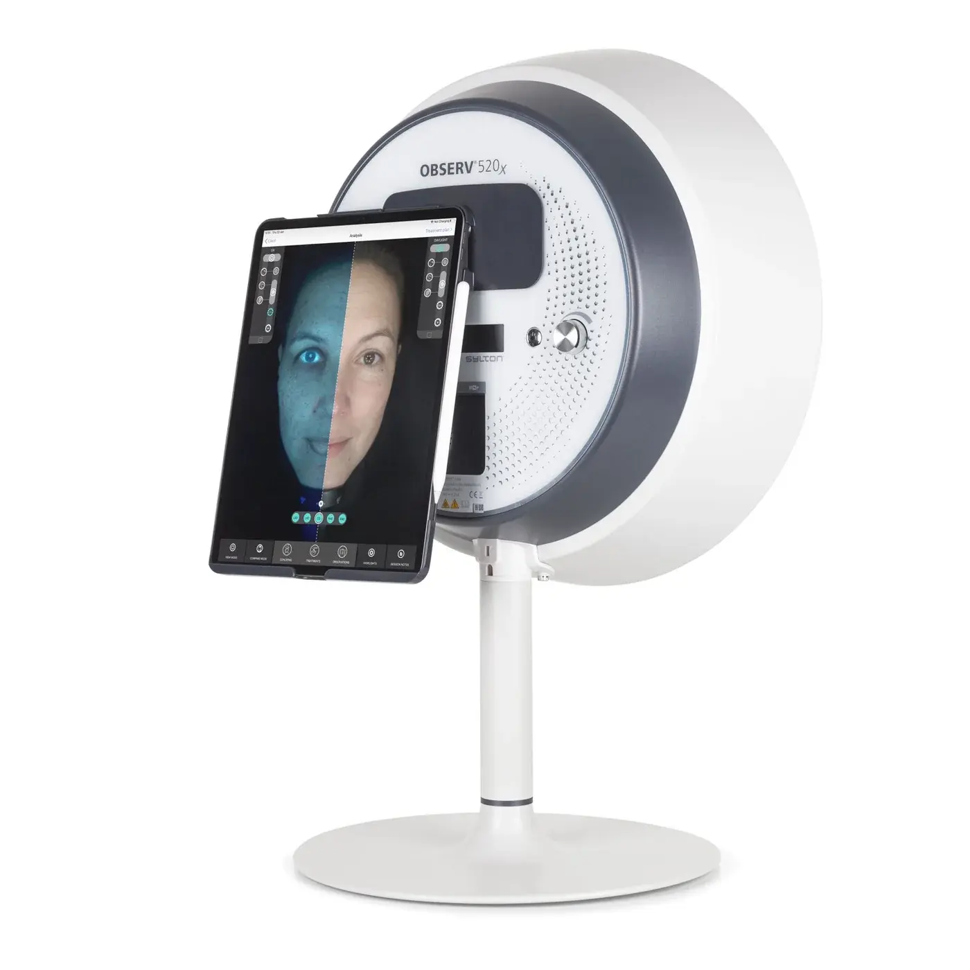 OBSERV 520x Hautanalysegerät mit Tablet und Vergleich von UV- und Tageslichtaufnahme